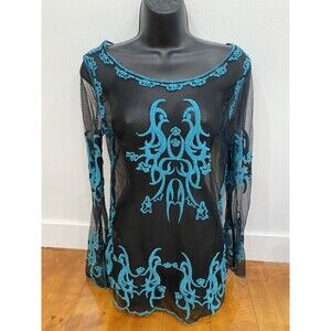 Origami By Vivian Size Medium Women’s Sheer Boho Floral Black Blue V Neck Blouse